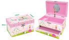 Pink children's jewelry box with ballerina design and measurements.