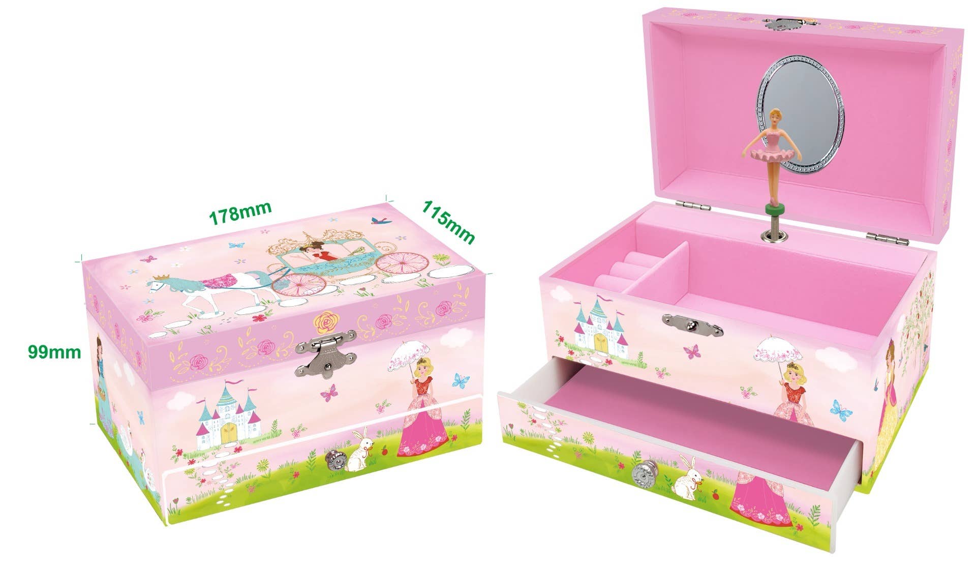 Pink children's jewelry box with ballerina design and measurements.